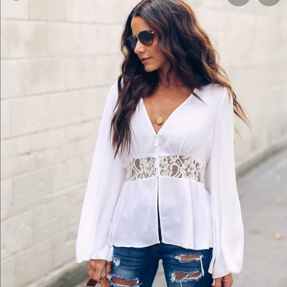 NWT Bell Sleeve Long White Shirt with Lace Cutout